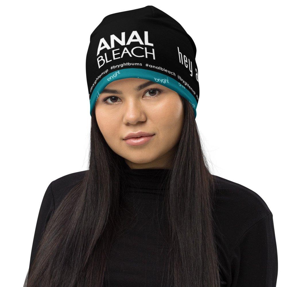 Black beanie or toque with text on it saying funny novelty slogan “Anal Bleach” #analbleach and social tags @bryghtenup #bryghtbums Bryght is an intimate skincare line for hyperpigmentation and anal bleach
