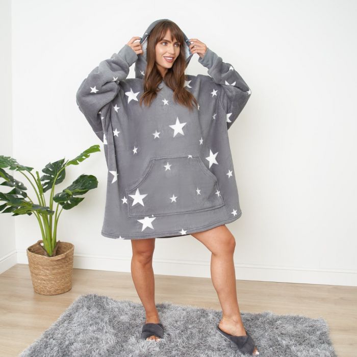 Personalised Hooded Blanket, Stars Design, Sherpa Fleece - Grey