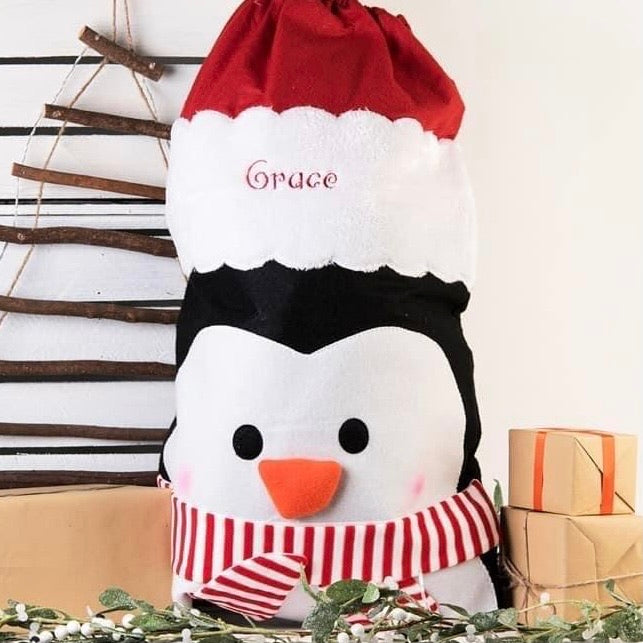 Personalised Santa Sack - Embroidered Penguin Design