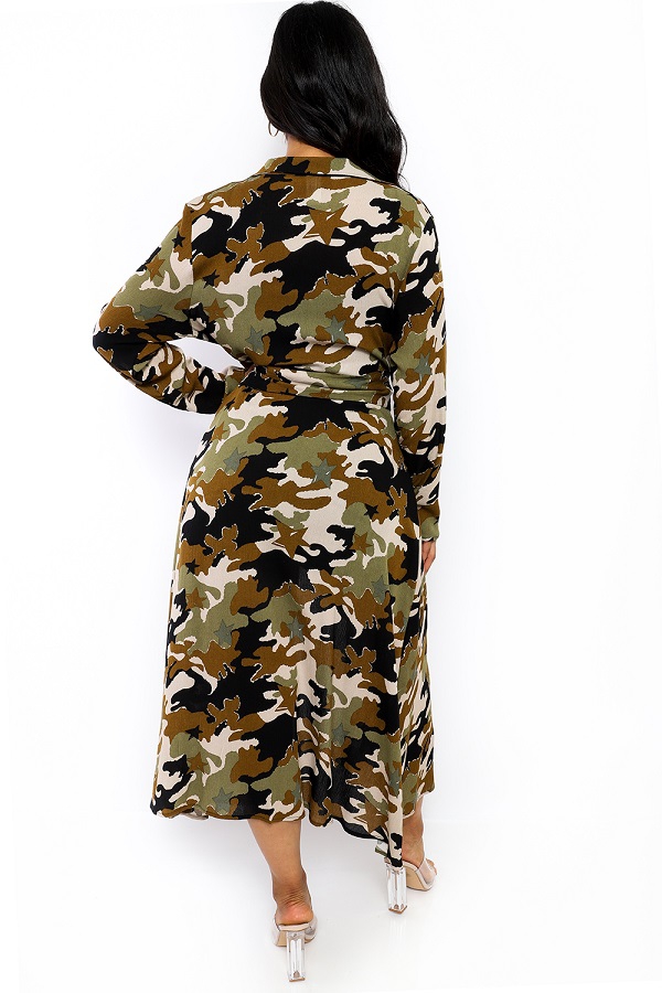 Camo Duster In Olive Green With Long Sleeves and Belt – Lady Luxe LD
